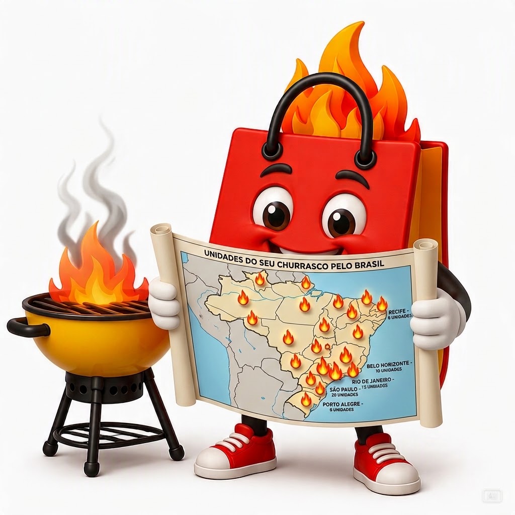 Mascote do Seu Churrasco mostrando o mapa de unidades pelo Brasil
