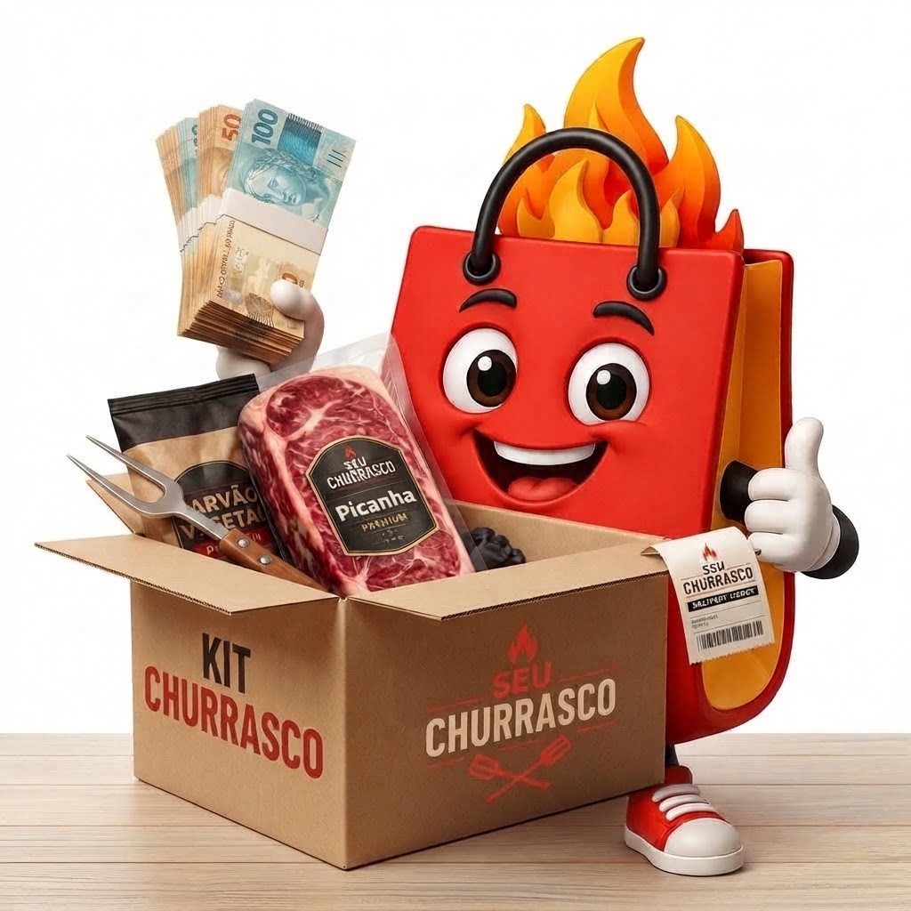 Mascote Seu Churrasco com kit churrasco e dinheiro, ilustrando o potencial de ganhos